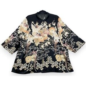 Citron Santa Monica Crane Shirt Womens 1X Black Floral Silk Top Asian Beaded